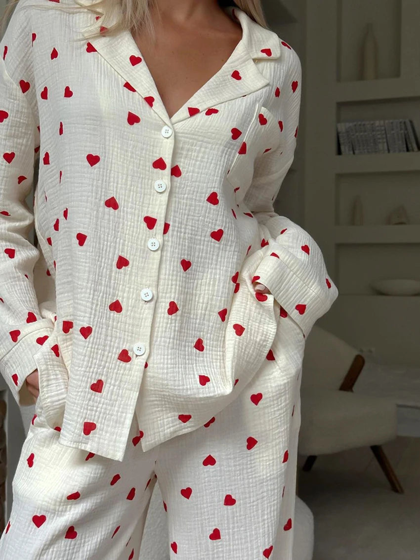 Marthaqiqi Loose Ladies Sleepwear Suit Sexy Turn-Down Collar Nightwear Long Sleeve Nightgowns Pants Printing Female Pajamas Set