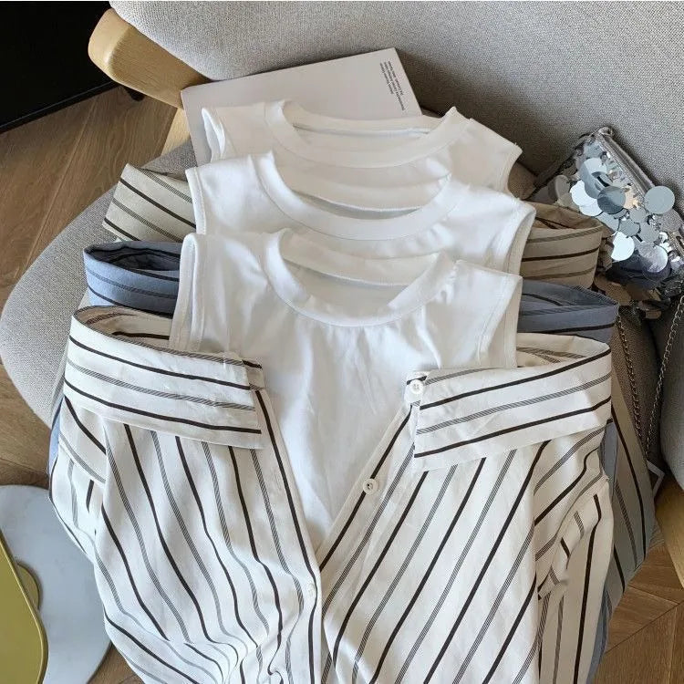 Vintage Fake Two Piece Striped Blouses Y2k Off Shoulder Long Sleeve Blusas De Mujer 2025 Early Spring New Shirts Women