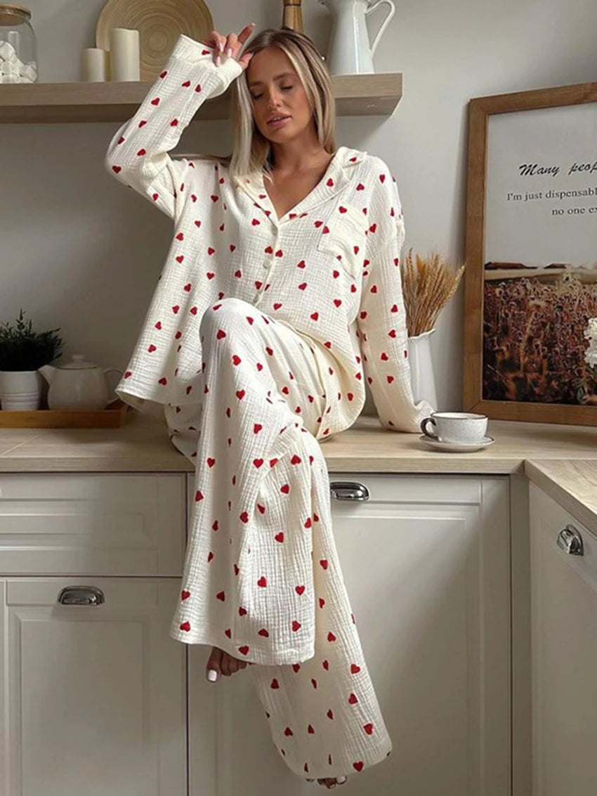 Marthaqiqi Loose Ladies Sleepwear Suit Sexy Turn-Down Collar Nightwear Long Sleeve Nightgowns Pants Printing Female Pajamas Set
