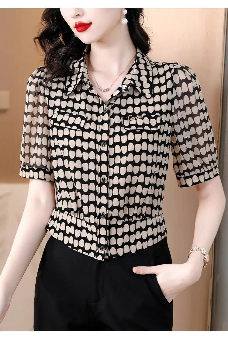 Temperament Fashion Summer Chiffon Shirts Women Polo-Neck Single Breasted Polka Dot Western Style Short Corset Short Sleeve Tops