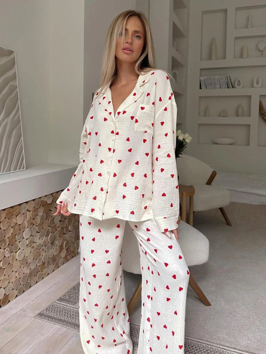 Marthaqiqi Loose Ladies Sleepwear Suit Sexy Turn-Down Collar Nightwear Long Sleeve Nightgowns Pants Printing Female Pajamas Set