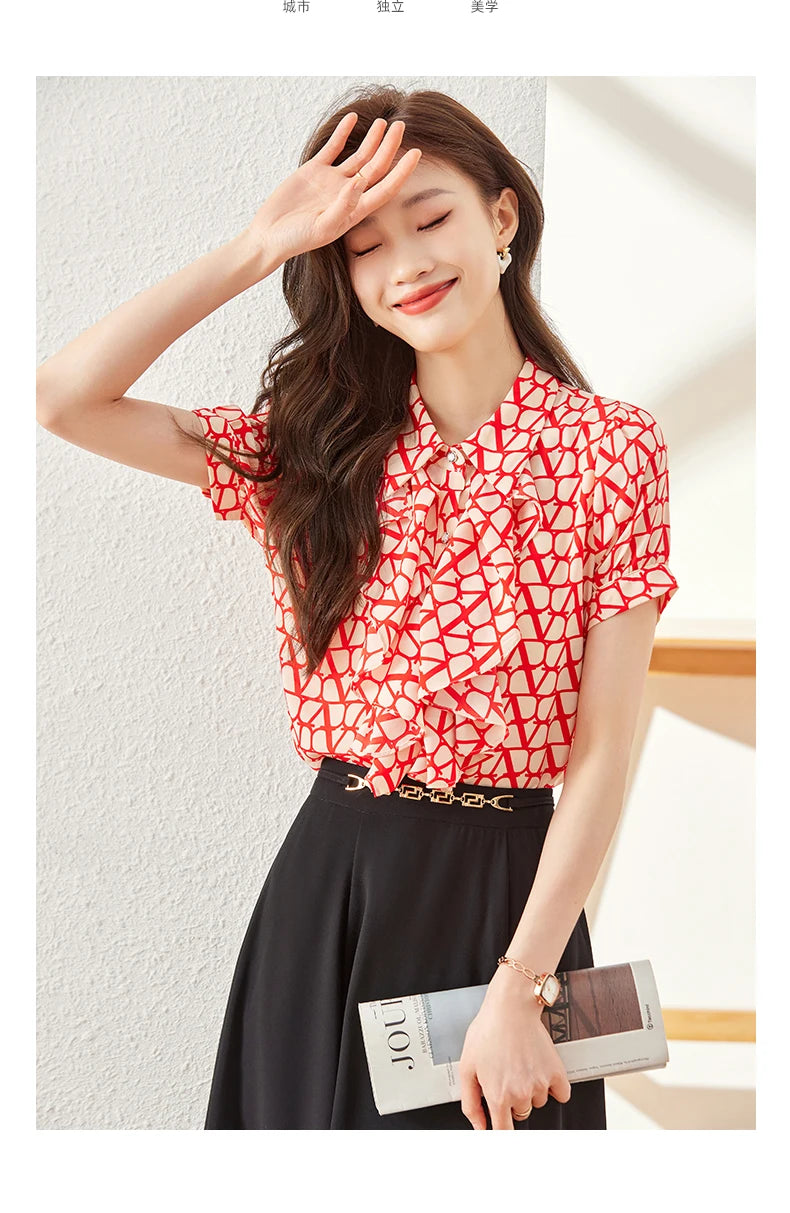 NAVIU Elegant Women Ruffles Shirt New Summer Temperament Short Sleeve Slim Chiffon Blouses Office Ladies Work Tops