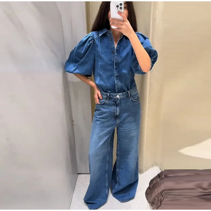 Street Denim Women's Shirt Solid Puff Half Sleeve Single Breasted Pleated Blouses Female 2025 Spring Summer All-match Streetwear