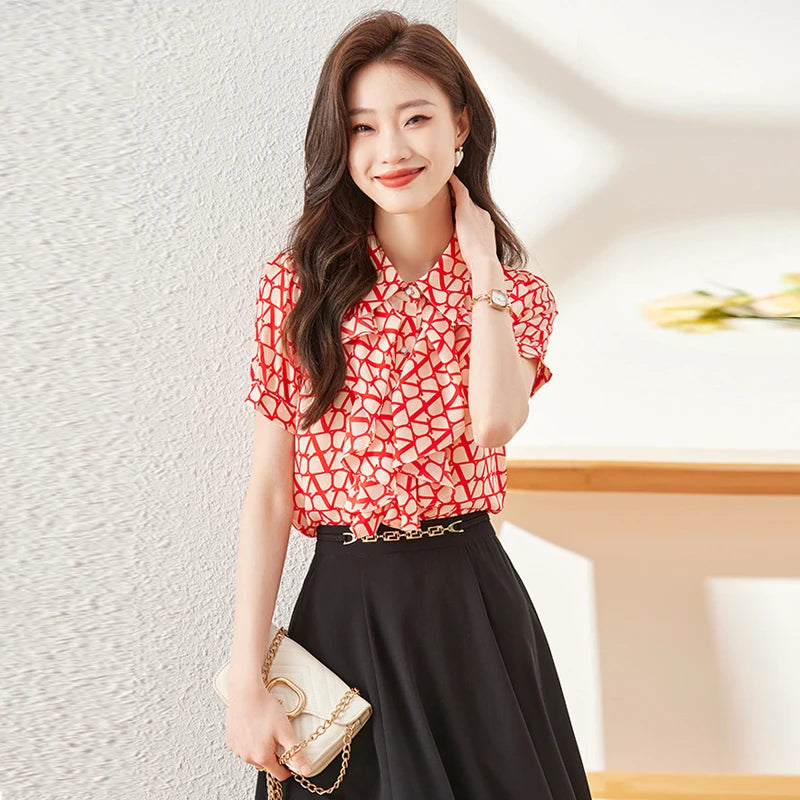 NAVIU Elegant Women Ruffles Shirt New Summer Temperament Short Sleeve Slim Chiffon Blouses Office Ladies Work Tops