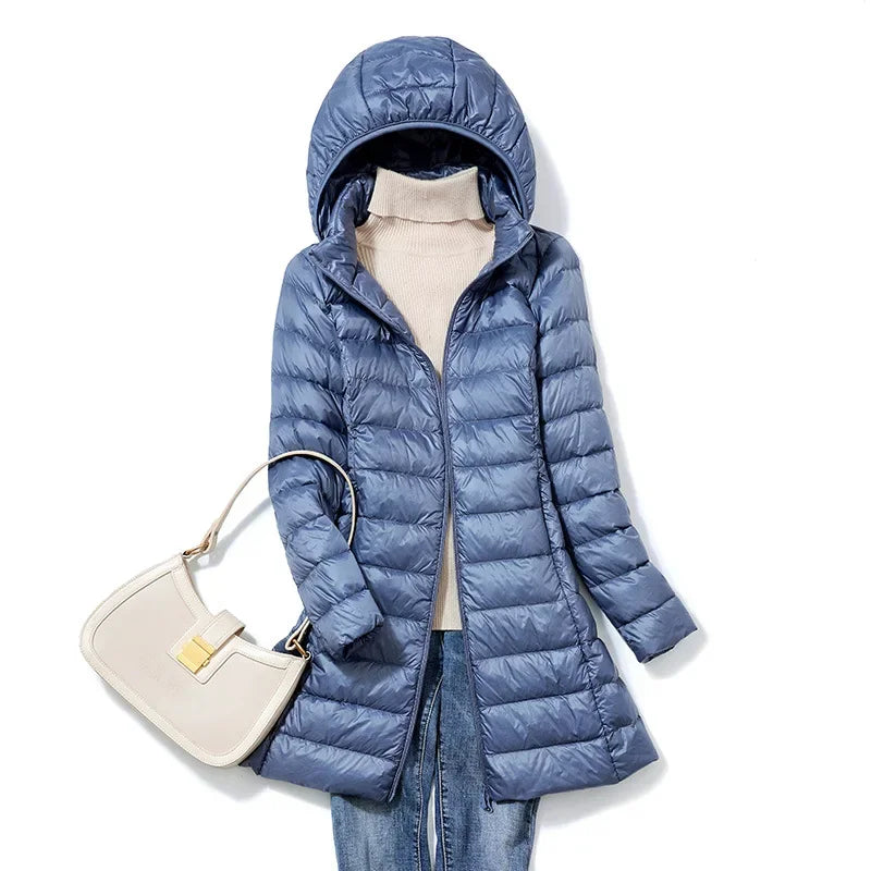 White Down Jacket Women's Mid-Length 2023 Winter New Detachable Hoody Slim Plus Size White Duck Down Coat