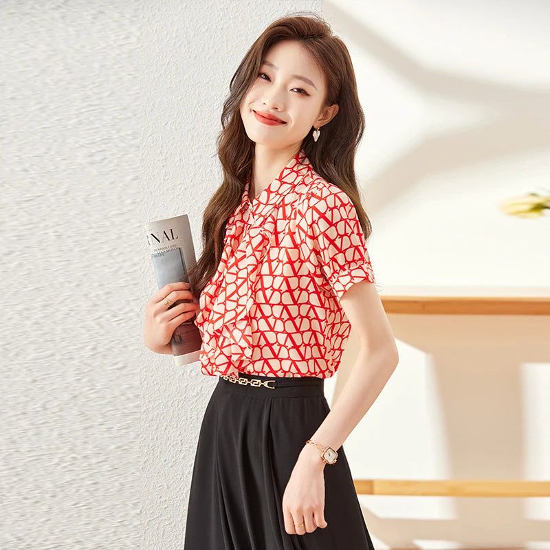 NAVIU Elegant Women Ruffles Shirt New Summer Temperament Short Sleeve Slim Chiffon Blouses Office Ladies Work Tops