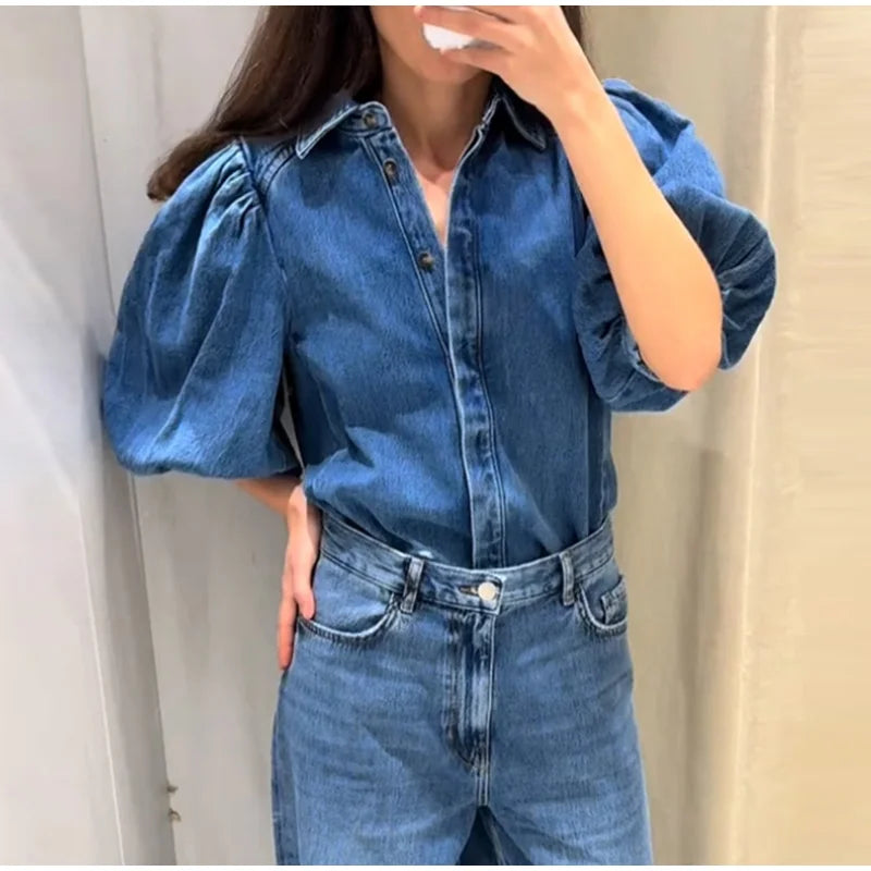 Street Denim Women's Shirt Solid Puff Half Sleeve Single Breasted Pleated Blouses Female 2025 Spring Summer All-match Streetwear