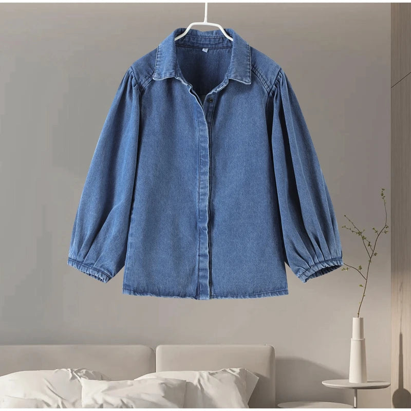 Street Denim Women's Shirt Solid Puff Half Sleeve Single Breasted Pleated Blouses Female 2025 Spring Summer All-match Streetwear