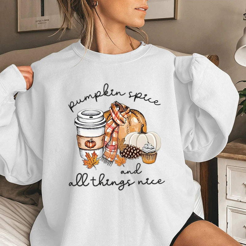 Pumpkin Spice And All Things Nice Print Sweatshirt Casual Long Sleeve Crew Neck Pullovers For Fall & Winter Women's Clothing