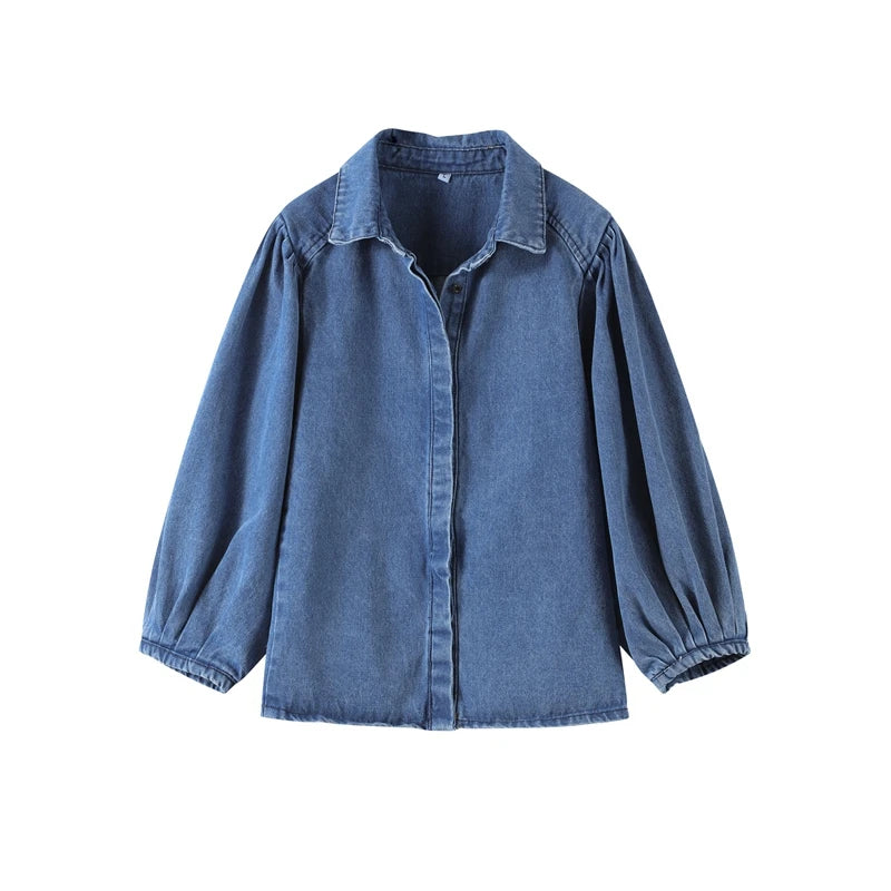 Street Denim Women's Shirt Solid Puff Half Sleeve Single Breasted Pleated Blouses Female 2025 Spring Summer All-match Streetwear