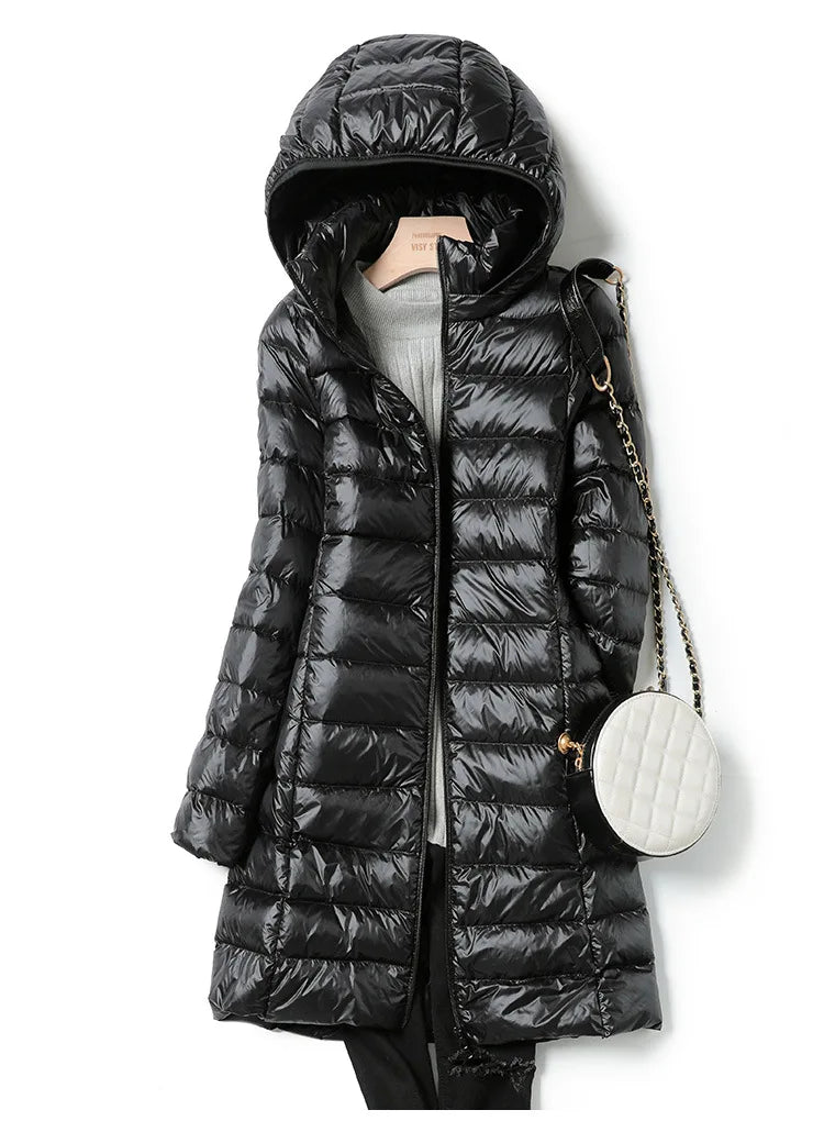 White Down Jacket Women's Mid-Length 2023 Winter New Detachable Hoody Slim Plus Size White Duck Down Coat