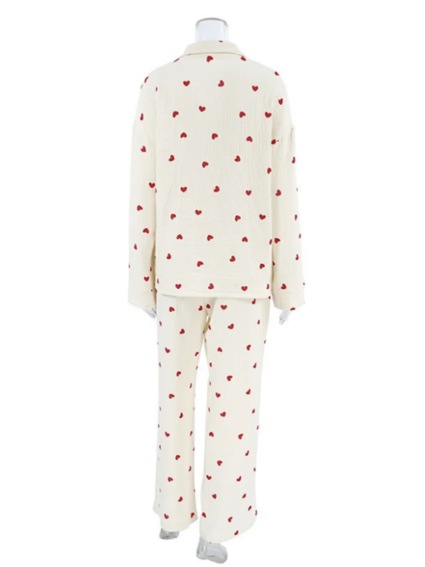 Marthaqiqi Loose Ladies Sleepwear Suit Sexy Turn-Down Collar Nightwear Long Sleeve Nightgowns Pants Printing Female Pajamas Set