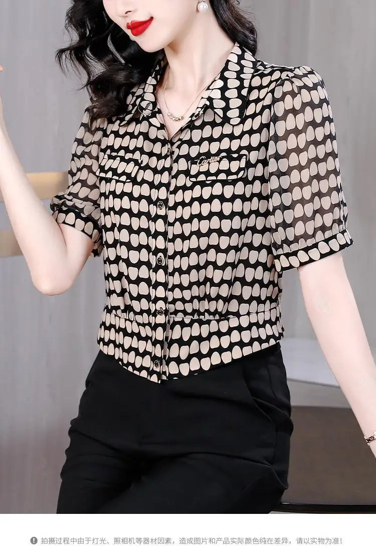 Temperament Fashion Summer Chiffon Shirts Women Polo-Neck Single Breasted Polka Dot Western Style Short Corset Short Sleeve Tops