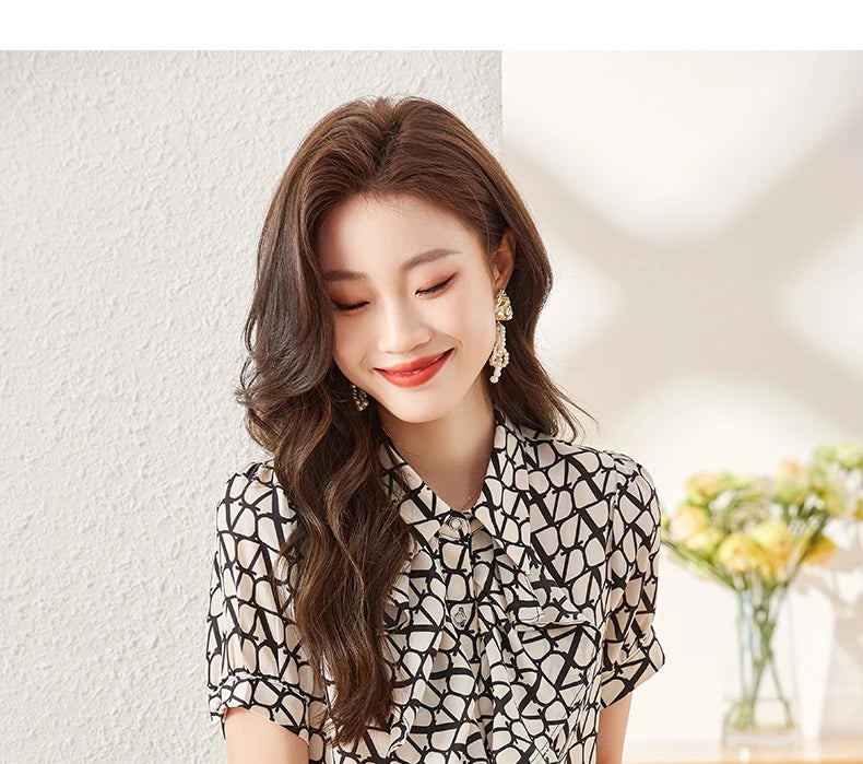 NAVIU Elegant Women Ruffles Shirt New Summer Temperament Short Sleeve Slim Chiffon Blouses Office Ladies Work Tops