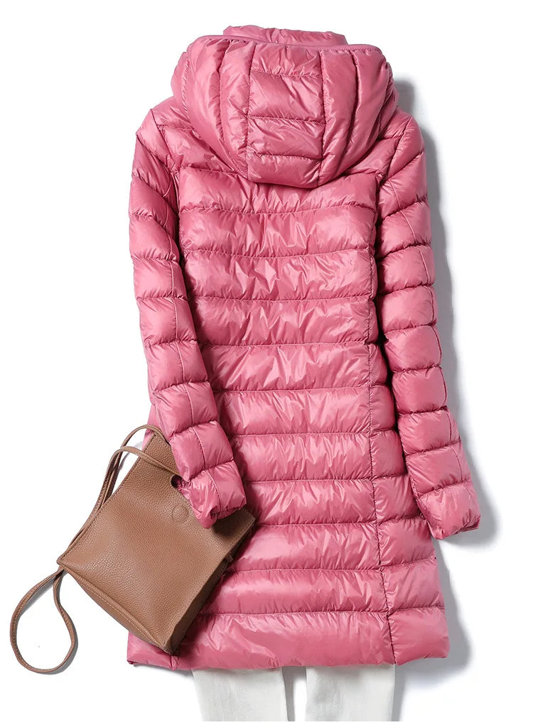 White Down Jacket Women's Mid-Length 2023 Winter New Detachable Hoody Slim Plus Size White Duck Down Coat