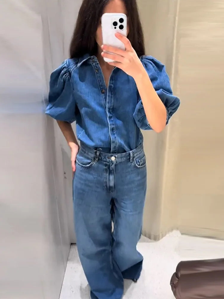 Street Denim Women's Shirt Solid Puff Half Sleeve Single Breasted Pleated Blouses Female 2025 Spring Summer All-match Streetwear