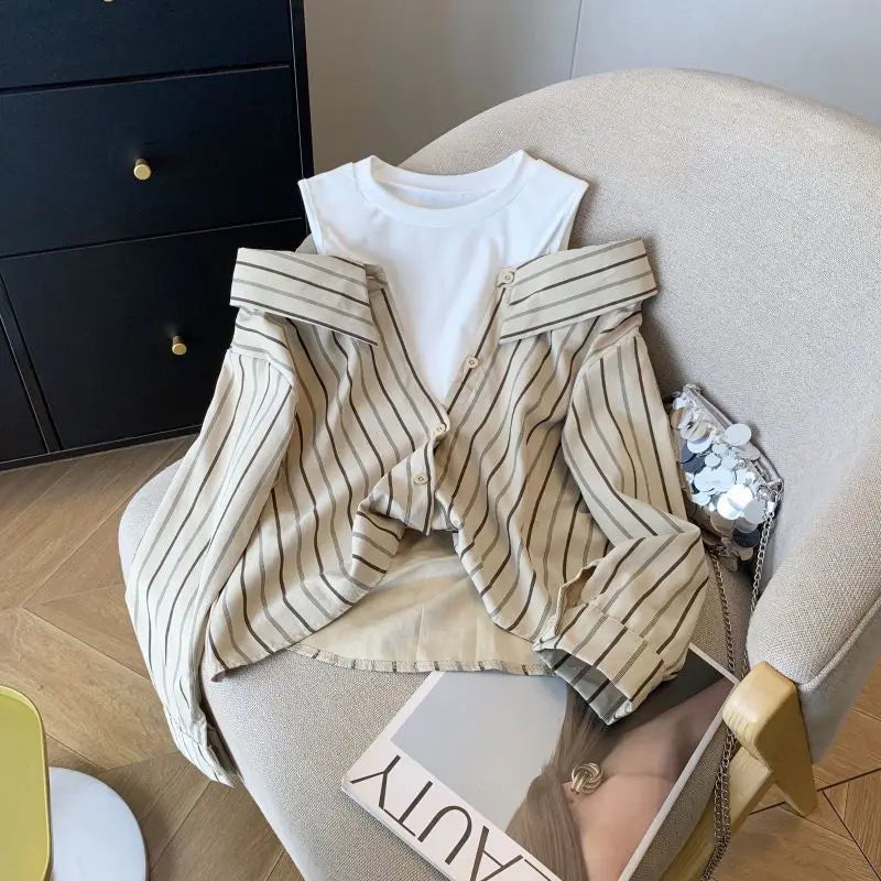Vintage Fake Two Piece Striped Blouses Y2k Off Shoulder Long Sleeve Blusas De Mujer 2025 Early Spring New Shirts Women