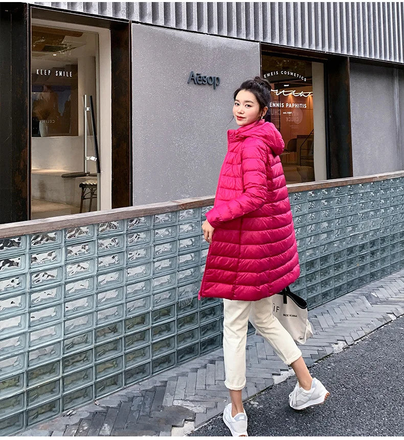 White Down Jacket Women's Mid-Length 2023 Winter New Detachable Hoody Slim Plus Size White Duck Down Coat
