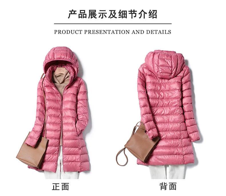 White Down Jacket Women's Mid-Length 2023 Winter New Detachable Hoody Slim Plus Size White Duck Down Coat