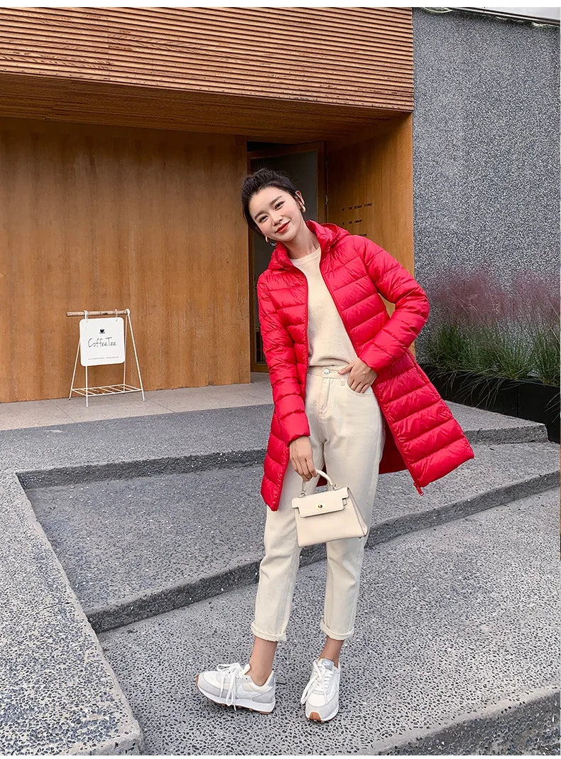 White Down Jacket Women's Mid-Length 2023 Winter New Detachable Hoody Slim Plus Size White Duck Down Coat