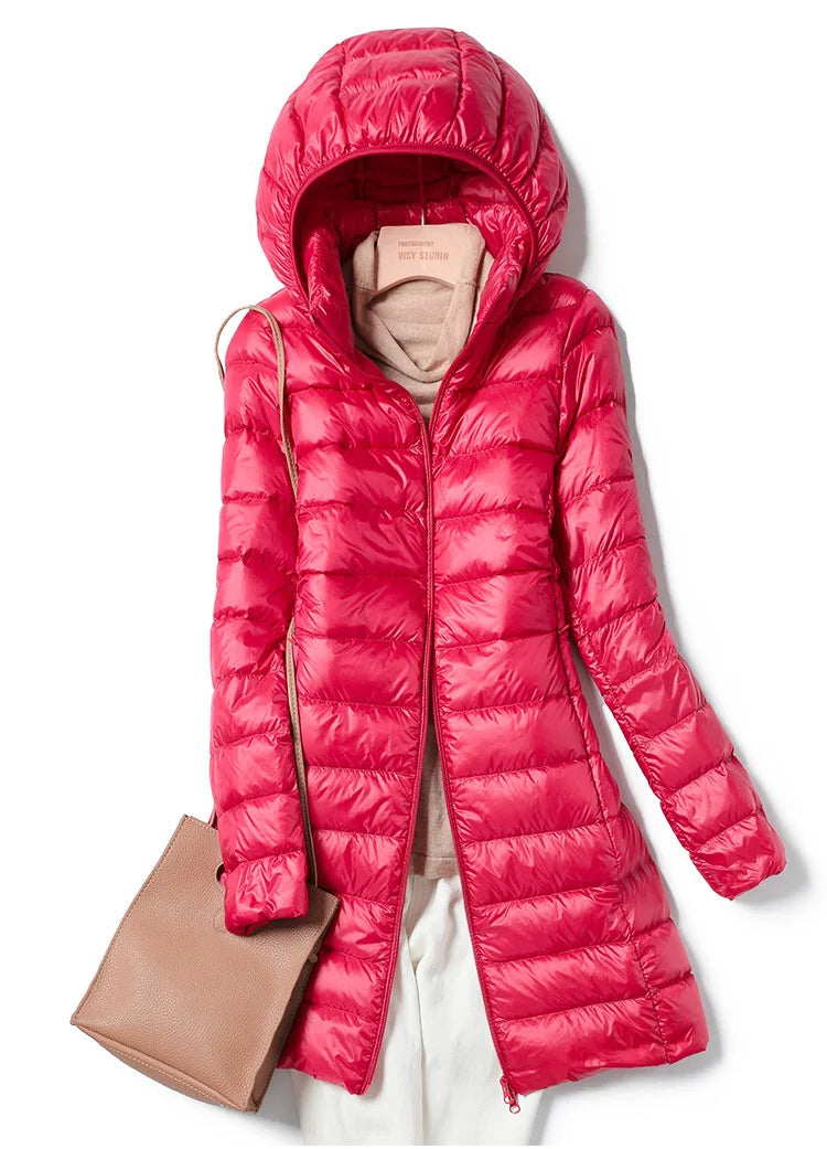 White Down Jacket Women's Mid-Length 2023 Winter New Detachable Hoody Slim Plus Size White Duck Down Coat
