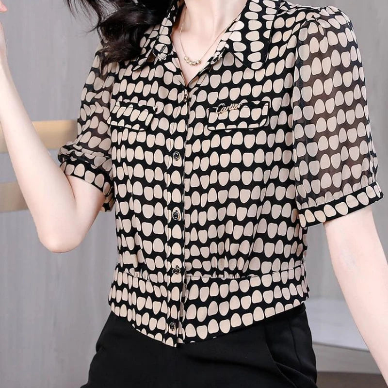 Temperament Fashion Summer Chiffon Shirts Women Polo-Neck Single Breasted Polka Dot Western Style Short Corset Short Sleeve Tops