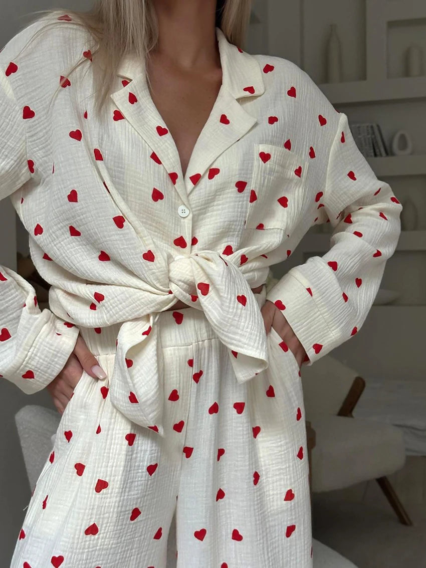 Marthaqiqi Loose Ladies Sleepwear Suit Sexy Turn-Down Collar Nightwear Long Sleeve Nightgowns Pants Printing Female Pajamas Set