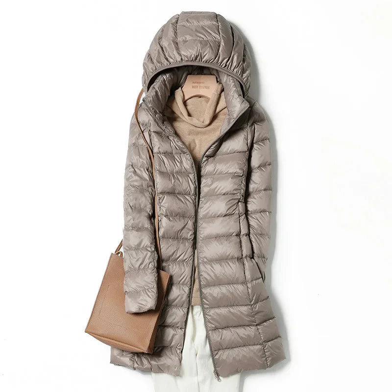 White Down Jacket Women's Mid-Length 2023 Winter New Detachable Hoody Slim Plus Size White Duck Down Coat