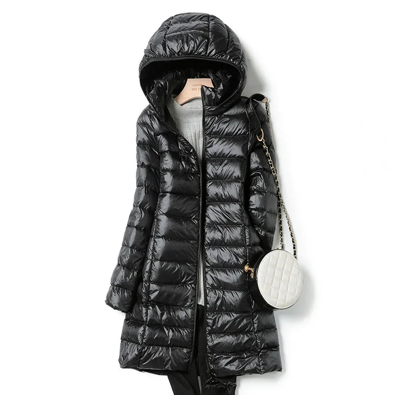 White Down Jacket Women's Mid-Length 2023 Winter New Detachable Hoody Slim Plus Size White Duck Down Coat