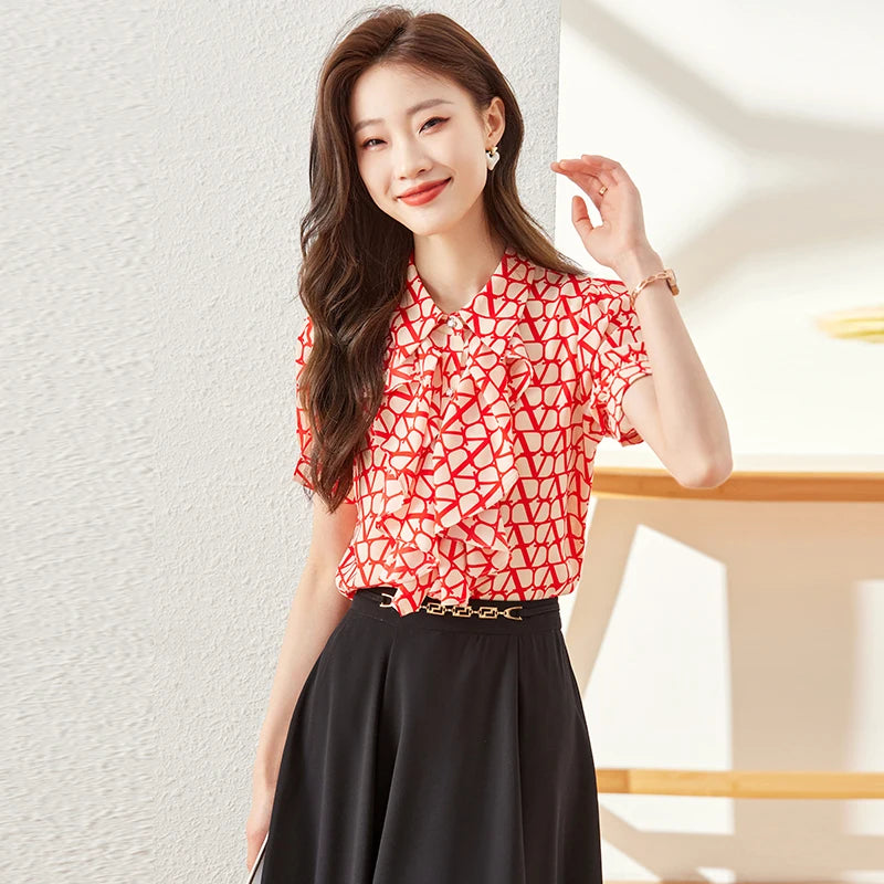 NAVIU Elegant Women Ruffles Shirt New Summer Temperament Short Sleeve Slim Chiffon Blouses Office Ladies Work Tops