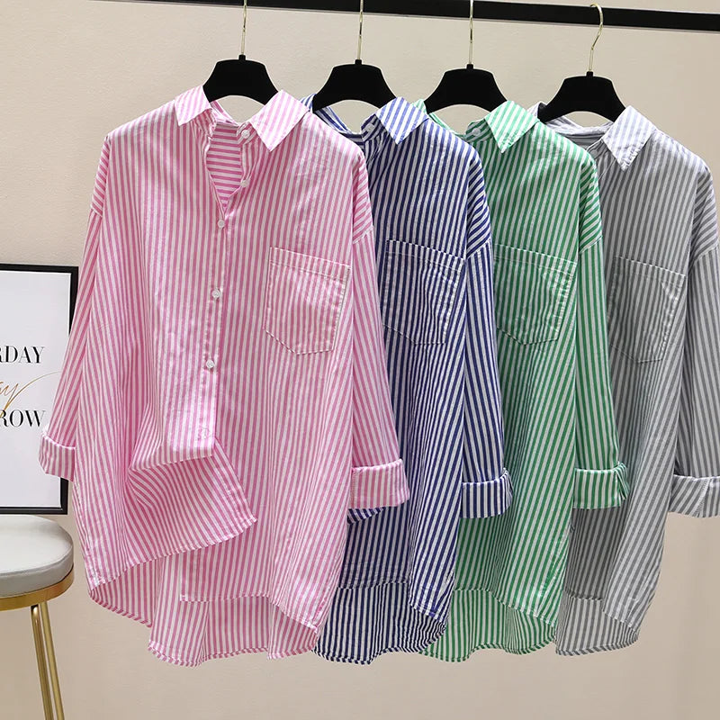Striped Shirt Women Shirts Summer Autumn Fashion Female Office Lady Loose Blouse Long Sleeve Sun Protection Tops Casual Shirts