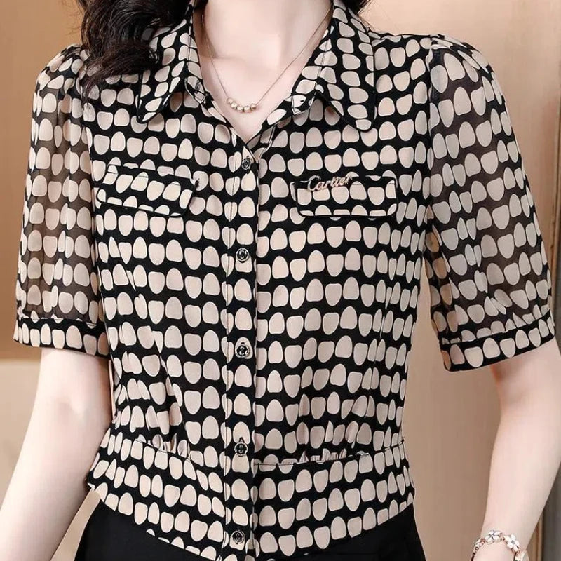 Temperament Fashion Summer Chiffon Shirts Women Polo-Neck Single Breasted Polka Dot Western Style Short Corset Short Sleeve Tops
