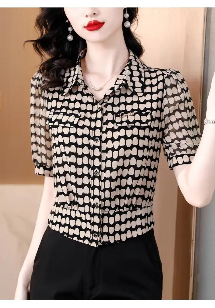 Temperament Fashion Summer Chiffon Shirts Women Polo-Neck Single Breasted Polka Dot Western Style Short Corset Short Sleeve Tops