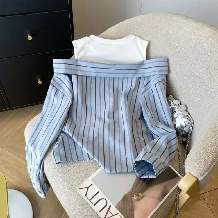 Vintage Fake Two Piece Striped Blouses Y2k Off Shoulder Long Sleeve Blusas De Mujer 2025 Early Spring New Shirts Women