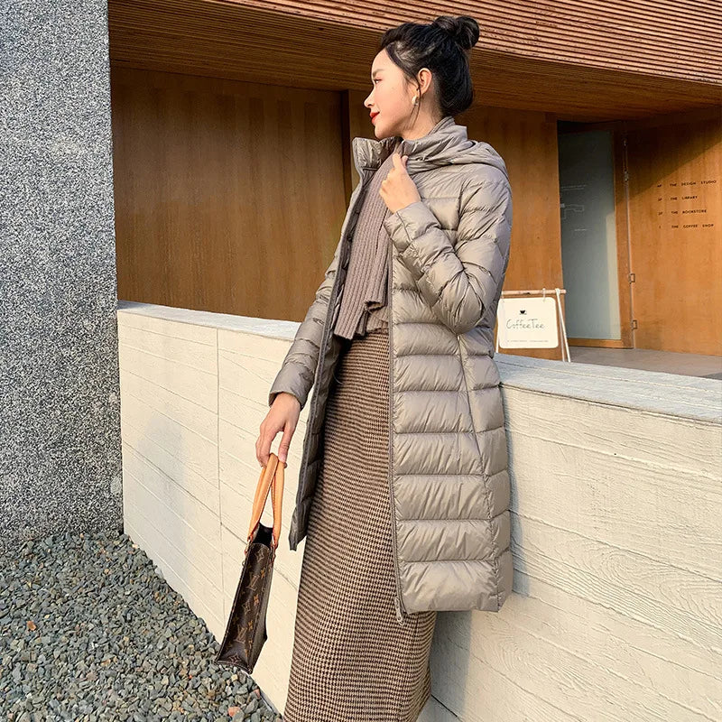 White Down Jacket Women's Mid-Length 2023 Winter New Detachable Hoody Slim Plus Size White Duck Down Coat