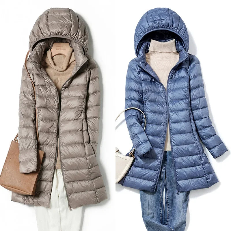 White Down Jacket Women's Mid-Length 2023 Winter New Detachable Hoody Slim Plus Size White Duck Down Coat