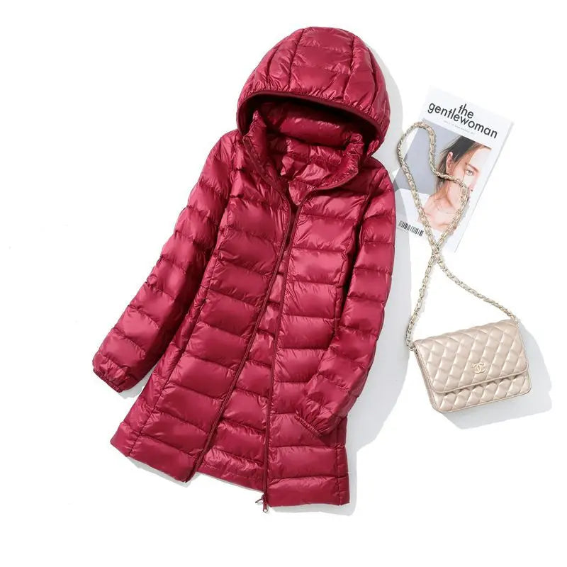 Plus Size Women's Autumn and Winter New Lightweight Down Jacket Women's Mid-length Korean-style Hooded Light Jacket Large Size