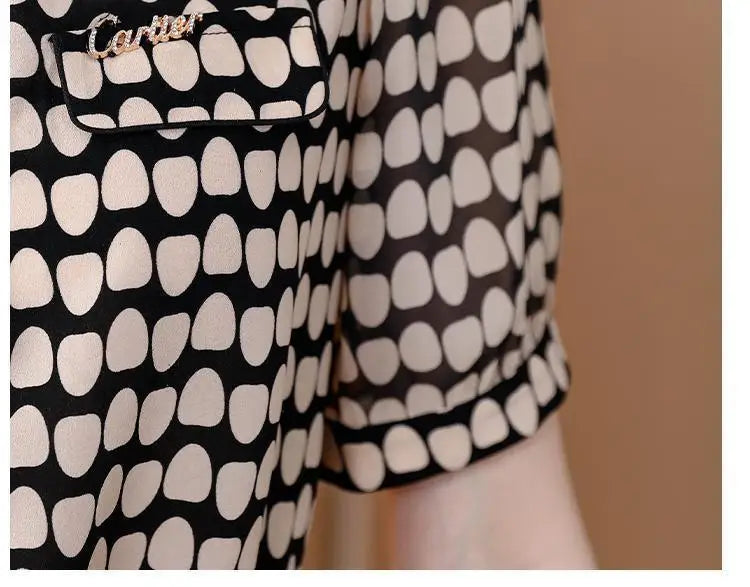 Temperament Fashion Summer Chiffon Shirts Women Polo-Neck Single Breasted Polka Dot Western Style Short Corset Short Sleeve Tops