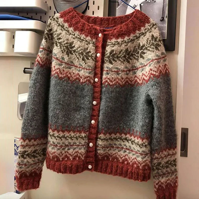 Vintage Knitting Long Sleeve Casual Green Striped Pullovers Women 2025 Winter Fashion Round Neck Ladies Loose Female Sweater Top