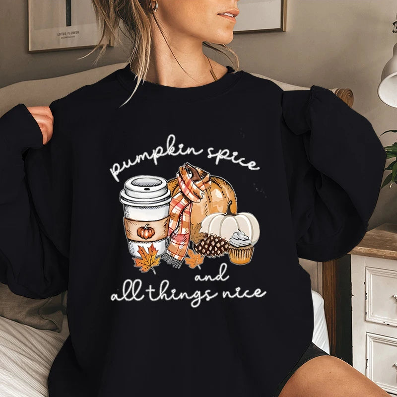 Pumpkin Spice And All Things Nice Print Sweatshirt Casual Long Sleeve Crew Neck Pullovers For Fall & Winter Women's Clothing