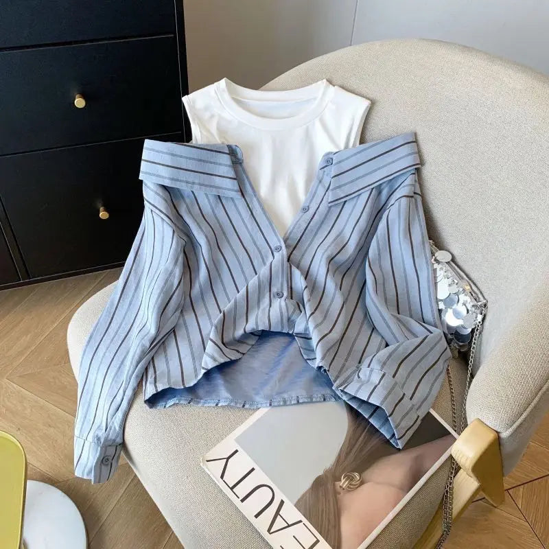 Vintage Fake Two Piece Striped Blouses Y2k Off Shoulder Long Sleeve Blusas De Mujer 2025 Early Spring New Shirts Women