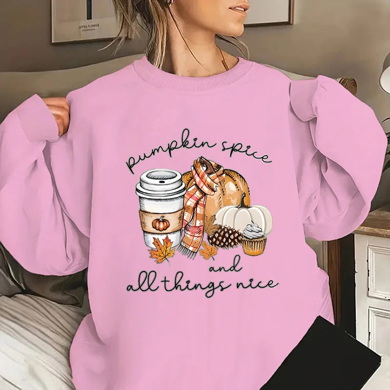Pumpkin Spice And All Things Nice Print Sweatshirt Casual Long Sleeve Crew Neck Pullovers For Fall & Winter Women's Clothing