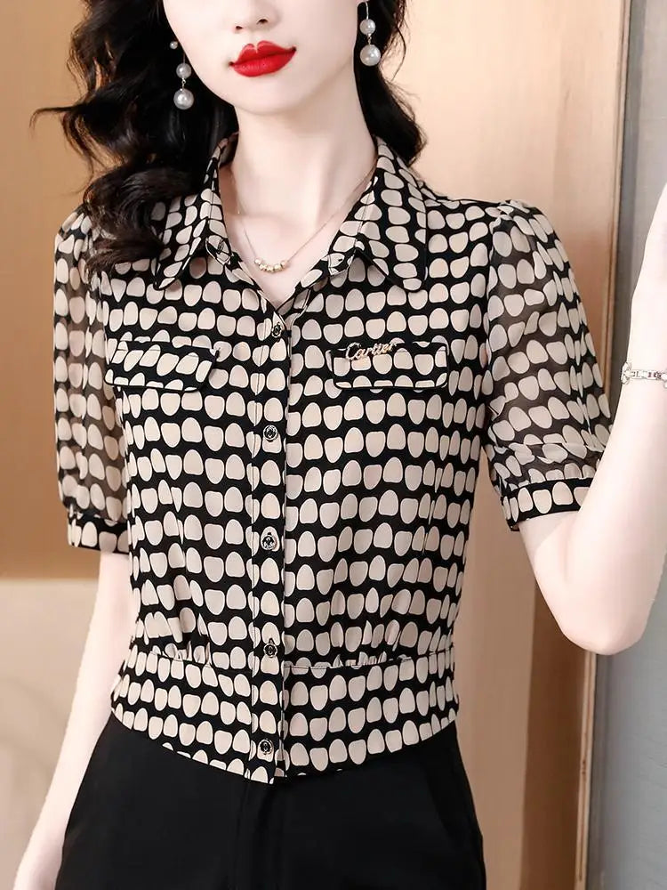 Temperament Fashion Summer Chiffon Shirts Women Polo-Neck Single Breasted Polka Dot Western Style Short Corset Short Sleeve Tops