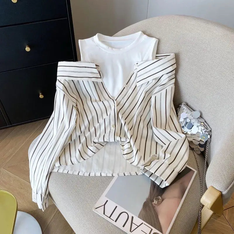 Vintage Fake Two Piece Striped Blouses Y2k Off Shoulder Long Sleeve Blusas De Mujer 2025 Early Spring New Shirts Women