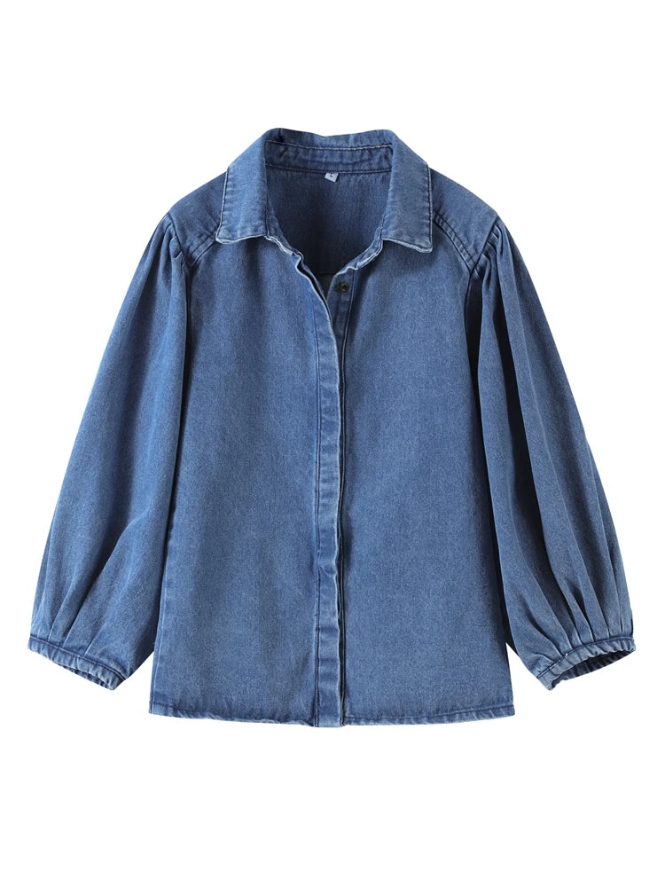 Street Denim Women's Shirt Solid Puff Half Sleeve Single Breasted Pleated Blouses Female 2025 Spring Summer All-match Streetwear