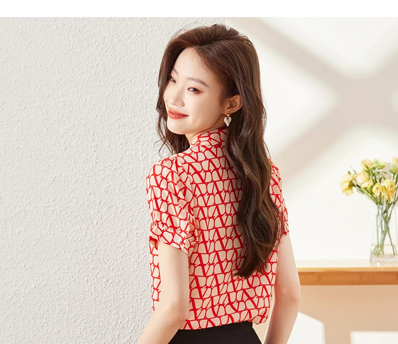 NAVIU Elegant Women Ruffles Shirt New Summer Temperament Short Sleeve Slim Chiffon Blouses Office Ladies Work Tops