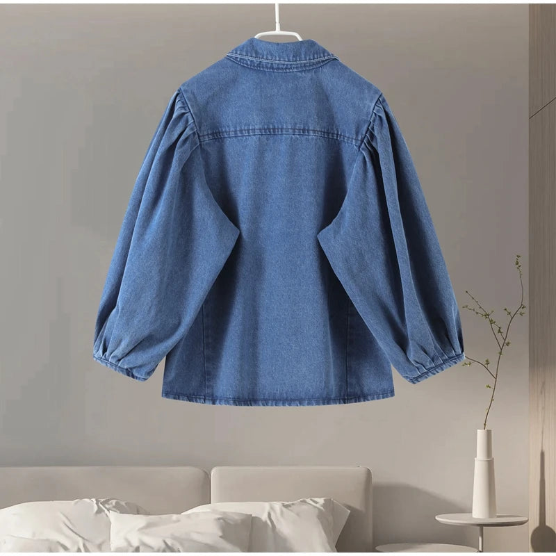 Street Denim Women's Shirt Solid Puff Half Sleeve Single Breasted Pleated Blouses Female 2025 Spring Summer All-match Streetwear