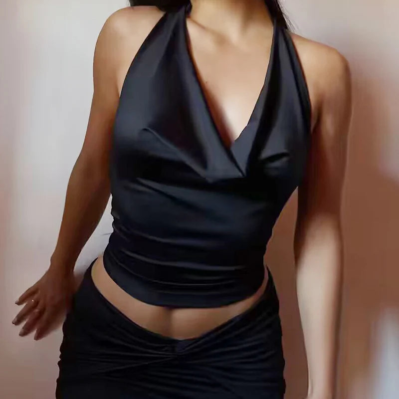 HXAO 2025 Women Satin Halter Top Summer Black Yellow Tanks & Camis Off Shoulder Crop Tank Top Fashion Sleeveless Backless Vests