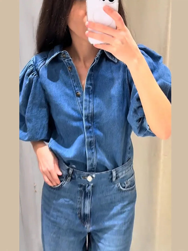 Street Denim Women's Shirt Solid Puff Half Sleeve Single Breasted Pleated Blouses Female 2025 Spring Summer All-match Streetwear