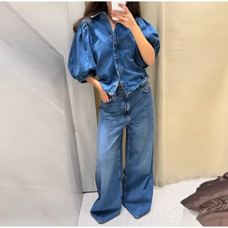 Street Denim Women's Shirt Solid Puff Half Sleeve Single Breasted Pleated Blouses Female 2025 Spring Summer All-match Streetwear